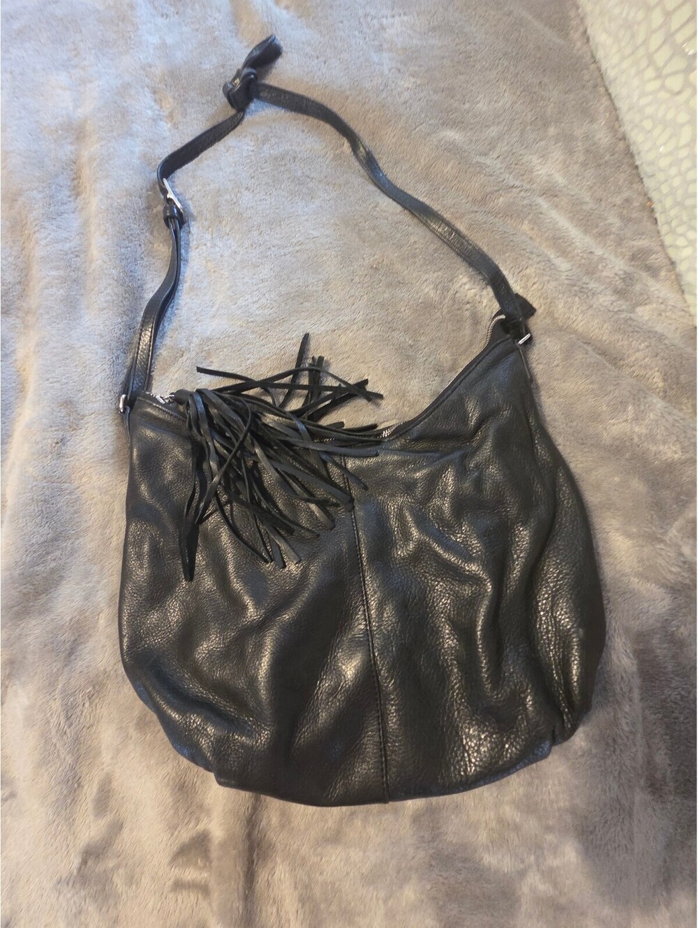 Margot Black Leather Shoulder Bag with Fringe Detail